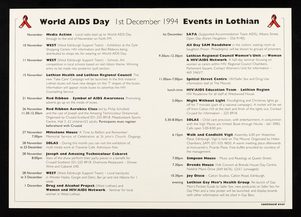 World AIDS Day 1st December 1994 : programme of events in Lothian leading up to, on, and after 1st December 1994 / Lothian Health, Lothian Regional Council.