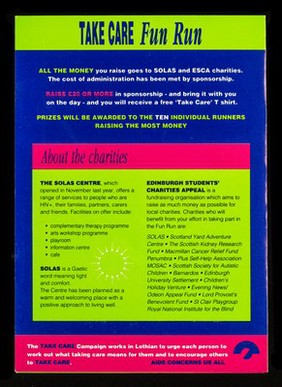 Join Runrig members in the Take Care Fun Run : Saturday 9th May 1992 : supporting SOLAS, Edinburgh's new HIV/AIDS centre and ESCA charities.