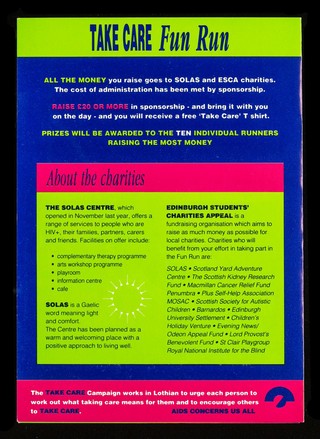 Join Runrig members in the Take Care Fun Run : Saturday 9th May 1992 : supporting SOLAS, Edinburgh's new HIV/AIDS centre and ESCA charities.