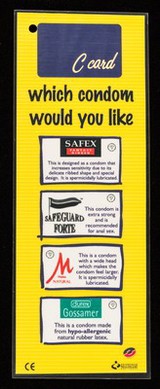 C-Card : which condom would you like : Safex Fantasy Ribbed, Safeguard Forte, Mates Natural, Durex Gossamer / Take Care campaign (Lothian Health Promotion Department), Edinburgh Healthcare NHS Trust.