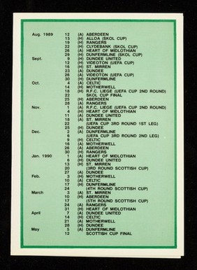 Hibernian Football Club Limited : fixtures list 1989-90 : main sponsor Frank Graham Group.