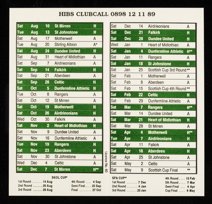 Hibernian fixture list 1991-92 : Hibs says... Take Care AIDS concerns us all.