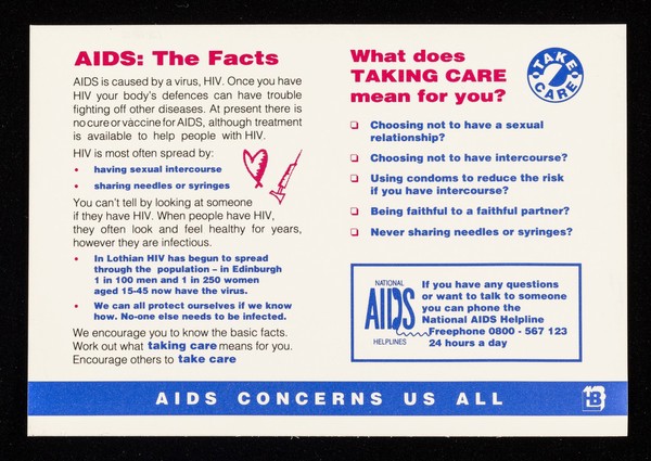 AIDS: the facts ... : What does Taking Care mean for you? / Lothian Health Board.