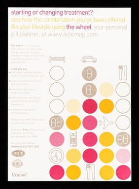 Starting or changing treatment? : see how the combination you've been offered fits your lifestyle using the wheel, your personal pill planner, at www.aidsmap.com / NAM, British HIV Asociation, Crusaid.