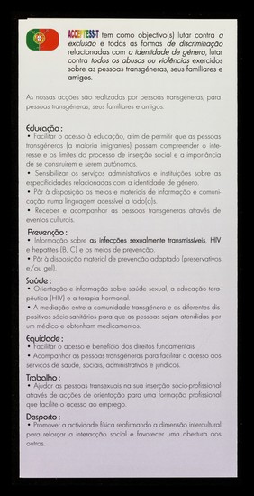 ACCEPTESS-T : Actions Concrètes Conciliant education, Prévention, Travail, Equité, Santé, Sport pour les Transgenres : beatus qui prodest quibus potest : heureux qui vient se rendre utile à ceux qu'il peut aider / ACCEPTESS-T.