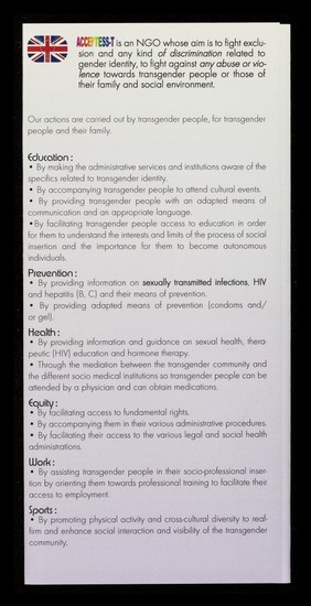 ACCEPTESS-T : Actions Concrètes Conciliant education, Prévention, Travail, Equité, Santé, Sport pour les Transgenres : beatus qui prodest quibus potest : heureux qui vient se rendre utile à ceux qu'il peut aider / ACCEPTESS-T.