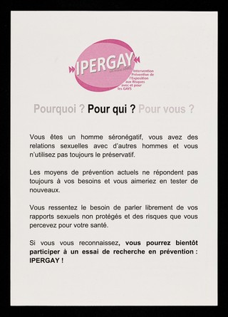 Une recherche innovante en prévention pour réduire les risques de VIH ... : IPERGAY : Pourquoi? Pour qui? Pour vous? / ANRS, IPERGAY.