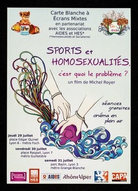 Sports et homosexualités : c'est quoi le problème? : un film de Michel Royer : séances gratuites, cinéma en plein air / Carte Blanche à Écrans Mixtes en partenariat avec les associations AIDES et HES (Homosexualités et Socialisme).