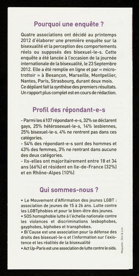 Première enquête nationale sur la bisexualité : visibilité, représentations, préjugés.. : les premiers résultats / Bi'Cause, le Mouvement d'Affirmation des Jeunes LGBT, SOS Homophobie, ACT Up-Paris.