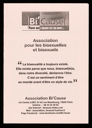 Association pour les bisexuelles et bisexuels / Bi'Cause, parce que l'amour est un droit...