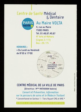 Centre de Santé Médical & Dentaire au Maire Volta : Paris Santé / Centre Médical de la Ville de Paris, La Mairie du 3e, Département de Paris, ENIPSE, Équipe Nationale d'Intervention en Prévention et Santé pour les Entreprises.