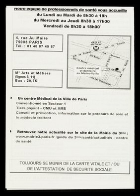 Centre de Santé Médical et Dentaire au Maire Volta : consultations avec et sans rendez-vous au: 01 48 87 49 87 / Centre Médical de la Ville de Paris, La Mairie du 3e, Département de Paris.