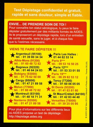 RapidTestAIDES : "VIH/SIDA: savoir où j'en suis c'est important !" : 1 test tous les 3 mois ou toux les 10 mecs / au Centre LGBT Paris Île-de-France.