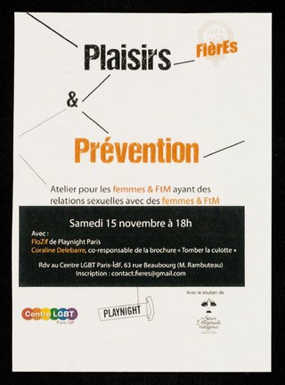 Plaisirs & prévention : atelier pour les femmes & FtM ayant des relations sexuelles aves des femmes & FtM : samedi 15 novembre à 18h / Centre LGBT Paris Île-de-France.