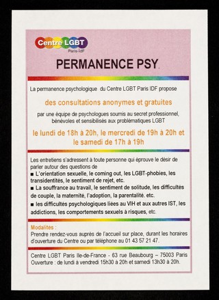 Permanence psy : la permanence psychologique du Centre LGBT Paris IDF propose des consultations anonymes et gratuites ... / Centre LGBT Paris Île-de-France.