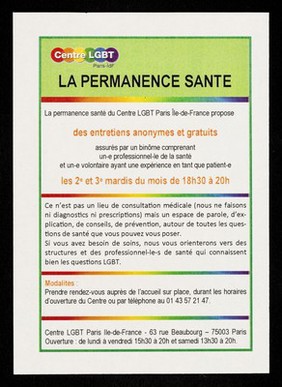 La permanence santé : la permanence santé du Centre LGBT Paris IDF propose des entretiens anonymes et gratuits ... / Centre LGBT Paris Île-de-France.