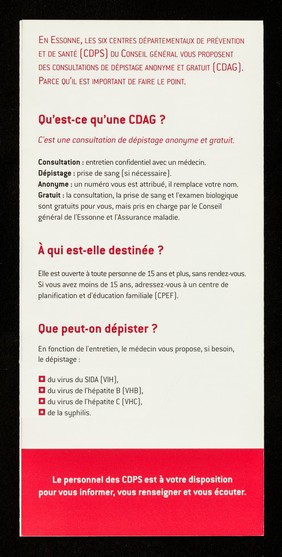 Consultations de dépistage anonyme et gratuit : hépatites B et C, Sida, syphilis : où en êtes-vous? / Conseil général de l'Essonne.