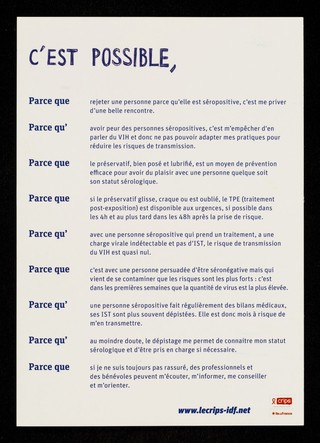 Il est séropo : avec lui je risque de tomber amoureux : préservatif, dépistage, traitement... c'est possible / Crips Île-de-France.