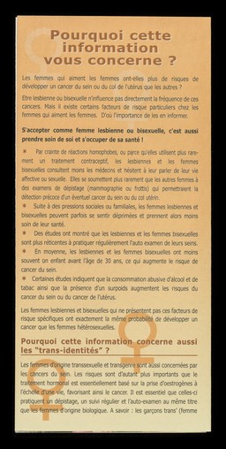Brochure à destination des femmes qui aiment les femmes : cancer du col de l'utérus, cancers du sein / ILGA ... avec la Fondation Belge contre le cancer ; l'Association "La Différence en question" ; Commission "Santé Femme" ; L'Asssociation "Sans Contrefaçon".