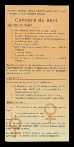 Brochure à destination des femmes qui aiment les femmes : cancer du col de l'utérus, cancers du sein / ILGA ... avec la Fondation Belge contre le cancer ; l'Association "La Différence en question" ; Commission "Santé Femme" ; L'Asssociation "Sans Contrefaçon".
