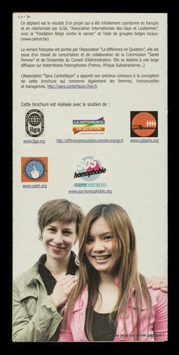 Brochure à destination des femmes qui aiment les femmes : cancer du col de l'utérus, cancers du sein / ILGA ... avec la Fondation Belge contre le cancer ; l'Association "La Différence en question" ; Commission "Santé Femme" ; L'Asssociation "Sans Contrefaçon".