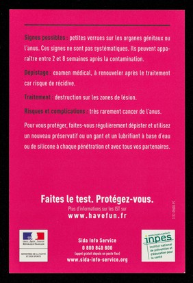 Ce soir tu risques de baiser avec Desiré qui a baisé avec Alexandre et Constant qui ont baisé avec Dylan qui a baisé avec Léo et Omar ... / Ministère de la Santé et des Sports ; INPES, Institut National de Prévention et d'Éducation pour la Santé.