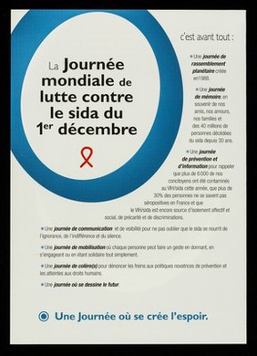 À l'occasion de la Journée Mondiale de Lutte contre le Sida, rejoignez les acteurs de ce combat le 1er décembre de 12h à 18h, Place de la République : zéro nouvelle infection à VIH, zéro discrimination, zéro décès lié au sida / Actions Traitements [and 26 others].