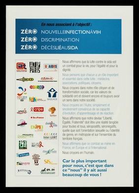 À l'occasion de la Journée Mondiale de Lutte contre le Sida, rejoignez les acteurs de ce combat le 1er décembre de 12h à 18h, Place de la République : zéro nouvelle infection à VIH, zéro discrimination, zéro décès lié au sida / Actions Traitements [and 26 others].