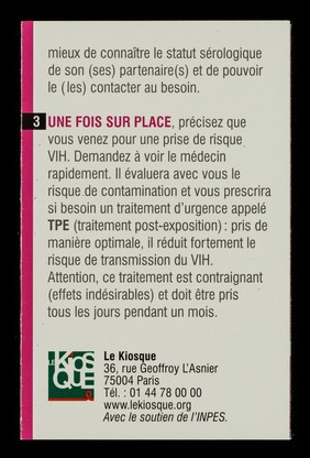 48 heures chrono, le traitement post-exposition : le dépistage et comment connaître son statut sérologique? / Le Kiosque.