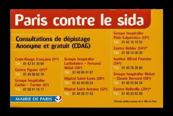 Paris contre le sida : consultation de dépistage anonyme et gratuite (CDAG) / Mairie de Paris.