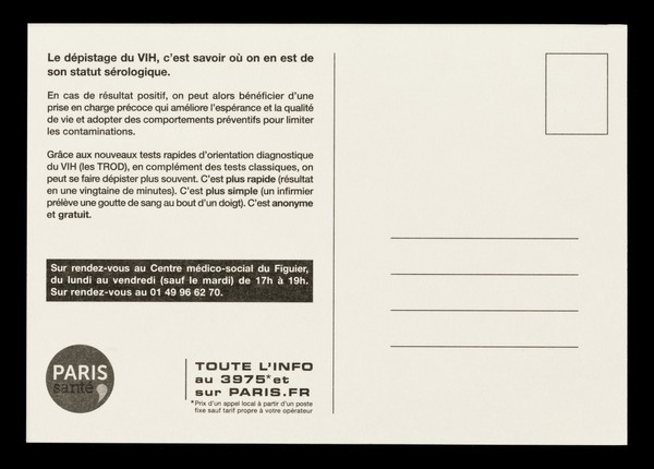 Vous faites quoi demain de 5 à 7? : Testez le nouveau dépistage rapide du VIH : résultat en 20 mn au CMS du Figuier / Mairie de Paris.