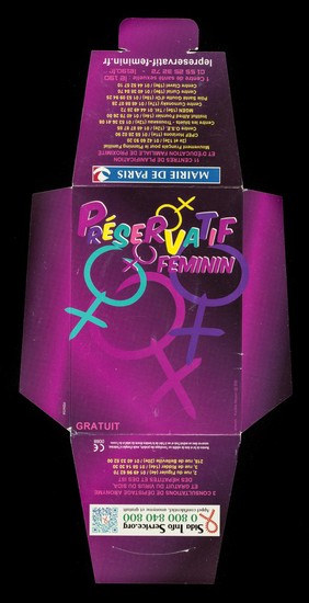 Préservatif féminin : gratuit : FC2 Female condom le préservatif féminin, 2e génération : nitrile, sans latex / Mairie de Paris ; distribué par Laboratoire Terpan.