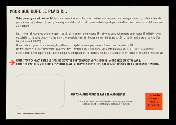 Qui vivra jouira : pour que dure le plaisir / vu par Bernard Benant ; réalisée à l'initiative du Ministère de l'Emploi et de la Solidarité - Secrétariat d'État à la Santé et aux Handicappées et du CFES.