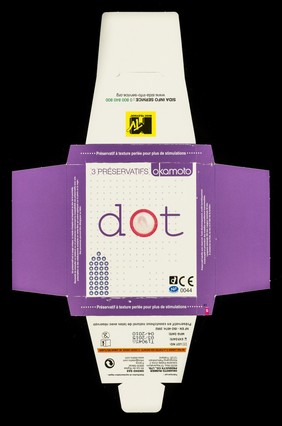 Dot : 3 préservatifs Okamoto / Fabriqué par: Okamoto Rubber Products Co., Ltd., Thailand ; distribution et représentation légale: Okeho SAS, France.