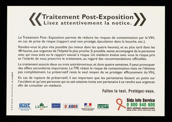 VIH : traitement post-exposition : en cas d'exposition possible au VIH, vous avez 48 heures pour tenter de vous en sortir / Sida Info Service ... [and 6 others].