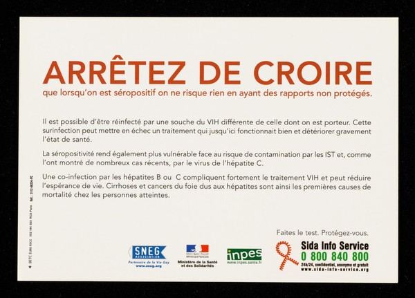 Ne vous laissez pas infecter par les bruits qui courrent : rumeur n. 5 : lorsqu'on est séropositif on ne risque rien en ayant des rapports non protégés ... / SNEG ... [and 3 others].