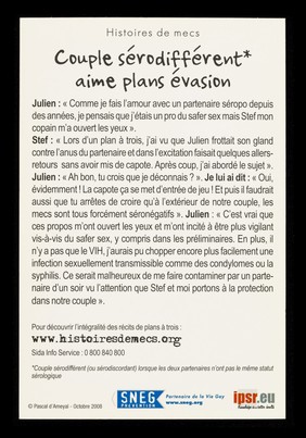 Histoires de mecs en couple : couple sérodifférent aime plans évasion / SNEG, prévention, IPSR ; Pascal d'Ameyal [photography].