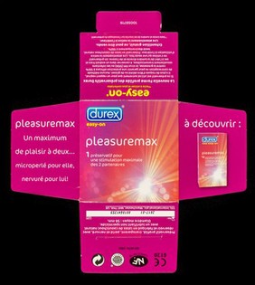 Durex easy-on Pleasuremax : 1 préservatif pour une stimulation maximale des 2 partenaires / SSL Healthcare France, SSL International plc, Manchester.