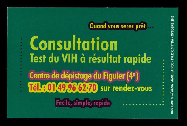 Quand vous serez prêt : consultation : test du VIH à résultat rapide : Centre du dépistage du Figuier (4e) / Mairie de Paris, SNEG, santé et prévention.