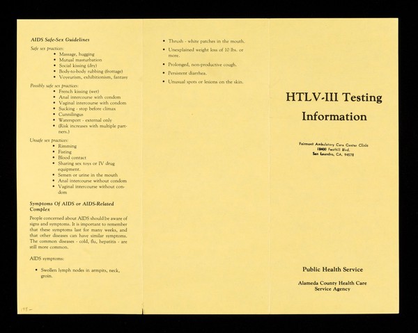 HTLV-III testing information / Public Health Service, Alameda County Health Service Agency.