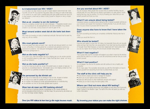 I've tested. I know : By knowing your HIV status you can make the right choices : HIV counselling and testing is available FREE at your local clinic / West Cape Provincial Department of Health.