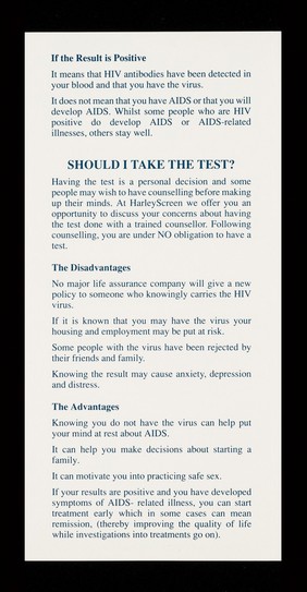 AIDS and the HIV test : peace of mind / HarleyScreen Medical Centre.