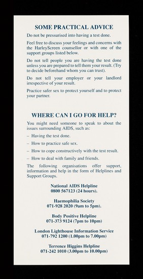 AIDS and the HIV test : peace of mind / HarleyScreen Medical Centre.