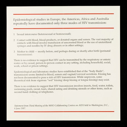 Transmission of HIV / Special Programme on AIDS, World Health Organization.