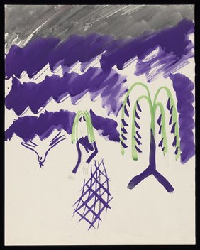 A woman in despair standing by a weeping willow under a stormy sky. Watercolour by M. Bishop, 1969.