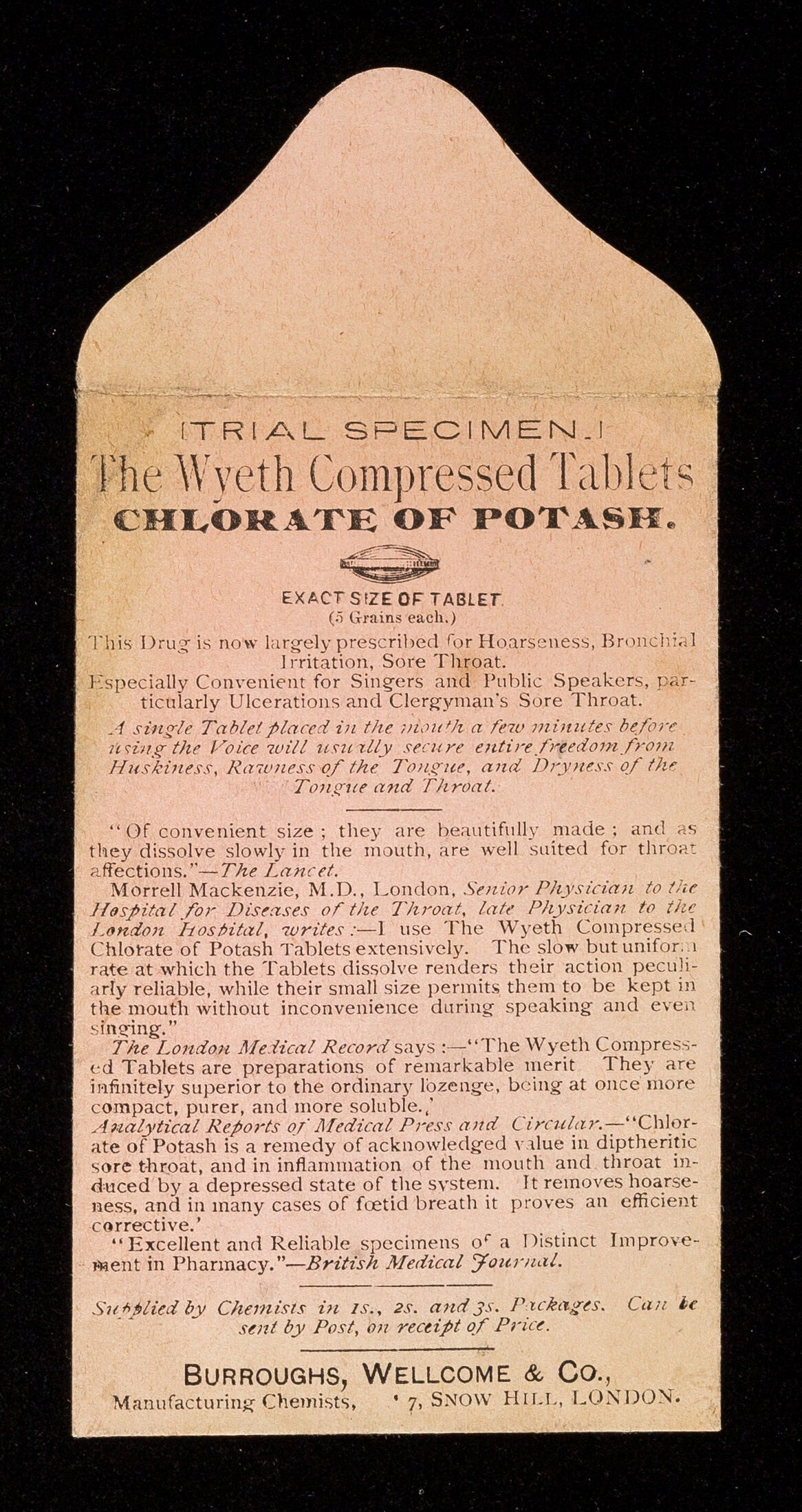 An envelope issued by Burroughs Wellcome & Co. that once held a free sample of Wyeth compressed chlorate of potash tablets.