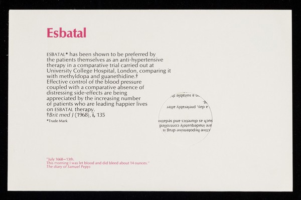 Esbatal : Esbatal has been shown to be preferred by the patients themselves as an anti-hypertensive therapy ...