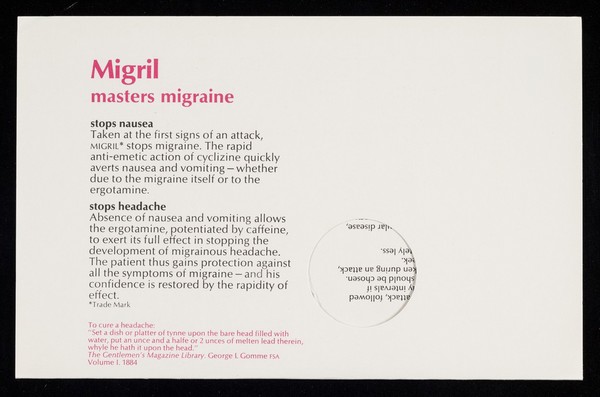 Migril masters migraine : to cure a headache : "set a dish or platter of tynne upon the bare head."