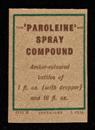'Paroleine' spray compound : containing menthol, 'eucalyptia' and chlorobutol.