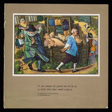 To cure mumps the patient was led by an ass-halter three times round a pig-sty. A handbook of Irish folklore G. O'Suilleabhain : 'Pro-Actidil'.